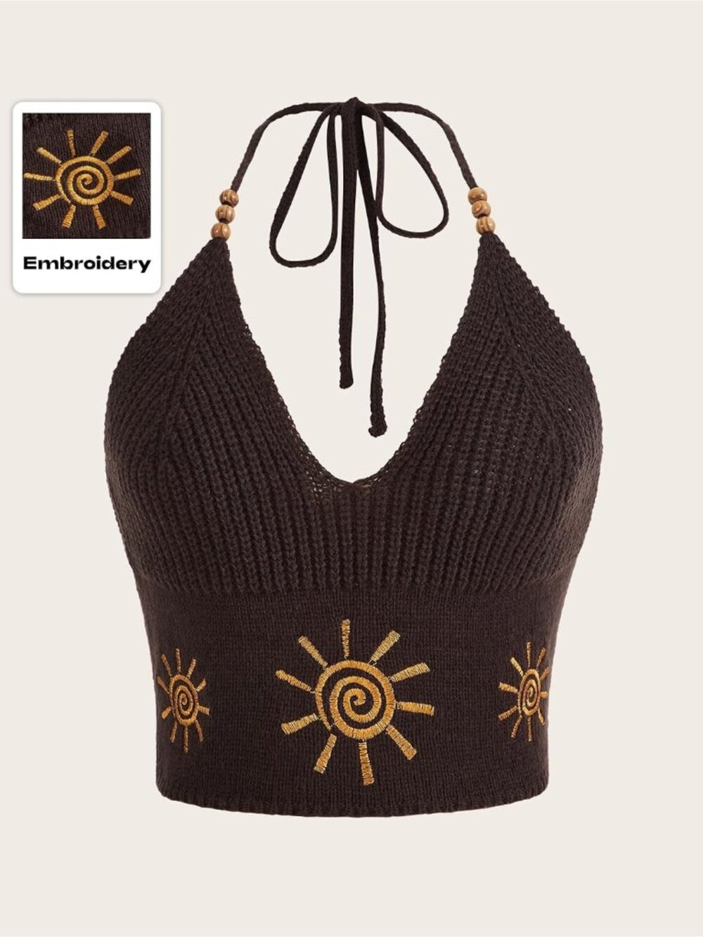 Women's Brown Embroidery Crop Top Western V-Neck Ribbed Knit Cowgirl Shirts - Picture 5 of 6